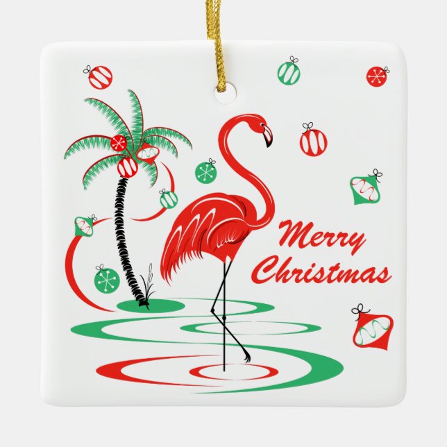 Rotes Weihnachtsflamingo-Flitter-Weihnachtsquadrat Keramikornament (Vorderseite)