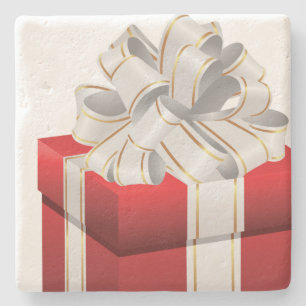 Rotes Weihnachtsgeschenk weißes Band Steinuntersetzer