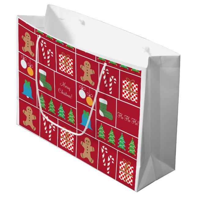 Rotes Weihnachtsmuster-große Geschenk-Tasche Große Geschenktüte (Vorderseite Schrägansicht)