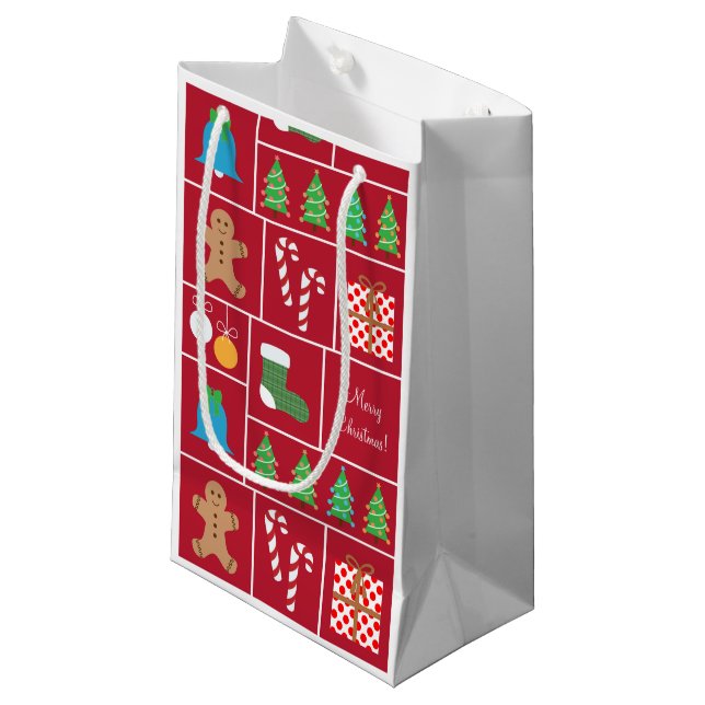Rotes Weihnachtsmuster-kleine Geschenk-Tasche Kleine Geschenktüte (Vorderseite Schrägansicht)