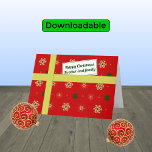 Rotes Weihnachtspaket für die Brüderfamilie Feiertagskarte<br><div class="desc">Persönliche Weihnachtsgrüße für Ihren Bruder und seine Familie. Die Karte hat das Aussehen eines Paketes mit einem farbenfrohen Muster von stilisierten Schneeflocken in goldenen und grünen Farben auf einem roten Hintergrund. Das Paket ist mit einem goldenen "Band" verbunden und hat ein "Geschenketikett" mit der Nachricht "Glücklicher Weihnachtsbruder und Familie". Der...</div>