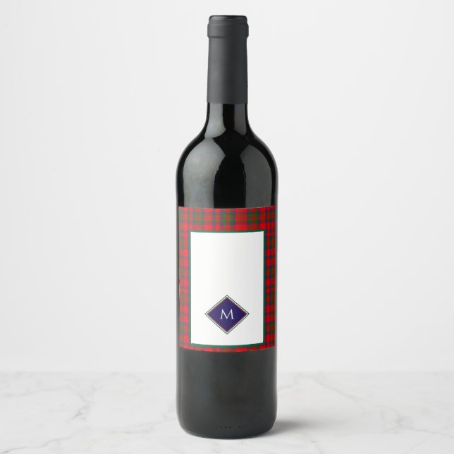 Rotes Weihnachtswoll-Textur-Karo mit Monogramm Weinetikett (Vorderseite)