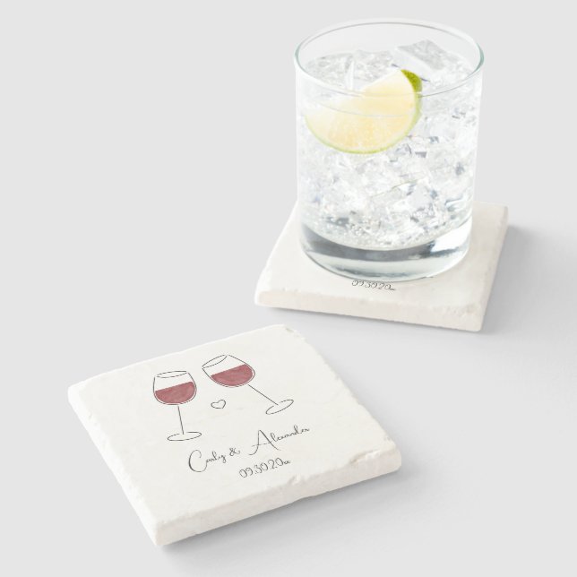 Rotes Weinglas Hochzeit Verlobung Gefallen Steinuntersetzer (Seitenansicht)