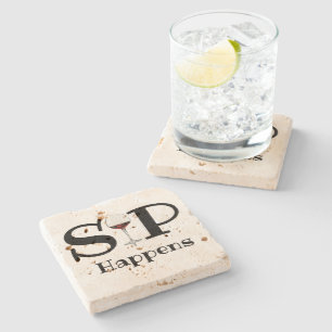 Rotes Weinglas, "Sip Happens" lustig Steinuntersetzer