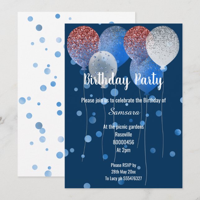 ROTES WEISS & BLAUES GEBURTSTAG BALLOON NAVY SPOT EINLADUNG (Vorne/Hinten)