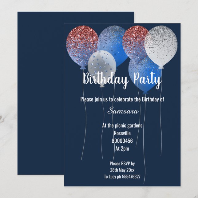 ROTES WEISS & NAVY BLAUE BIRTHDAY BALLOON EINLADUNG (Vorne/Hinten)