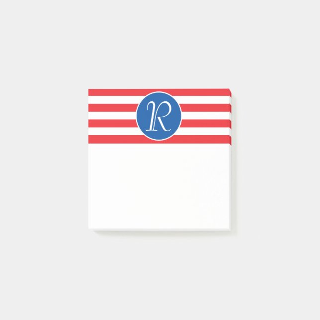 Rotes Weiß und Blau Monogramm Post-it Klebezettel (Vorderseite)