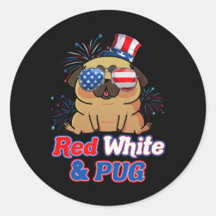 Rotes Weiß und Mops Unabhängigkeitstag USA Hund üb Runder Aufkleber