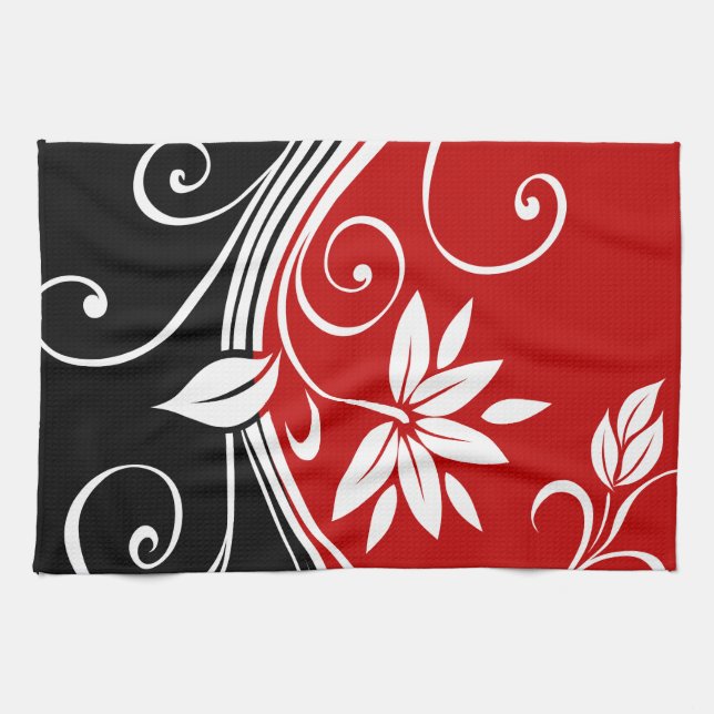 Rotes Weiß und Schwarze Blüten Geschirrtuch (Horizontal)
