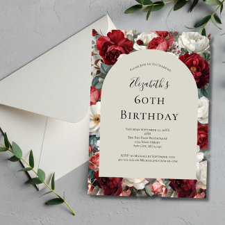Rotes weißes Aquarell Florals 60. Geburtstag für s Einladung