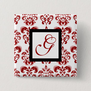 ROTES WEISSES DAMASK SCHWARZES SQUARE-MONOGRAMM BUTTON