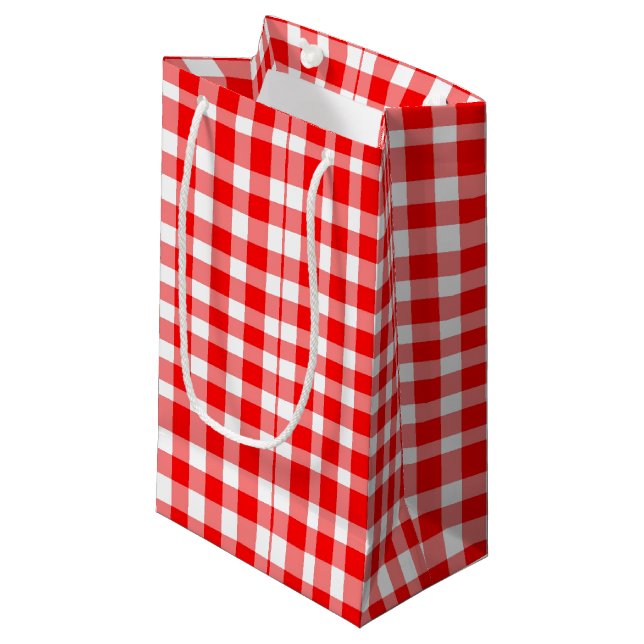 Rotes/weißes Gingham-Muster Kleine Geschenktüte (Vorderseite Schrägansicht)