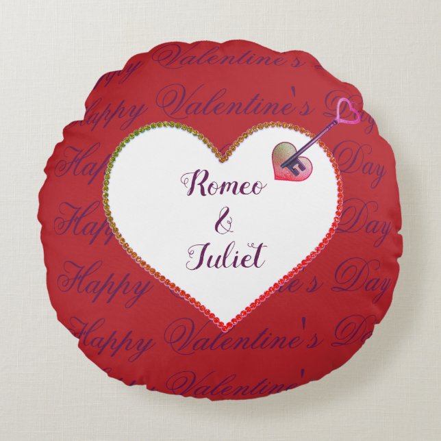 Rotes Weißes Herz Eleganter Vintager Valentinstag Rundes Kissen (Vorderseite)