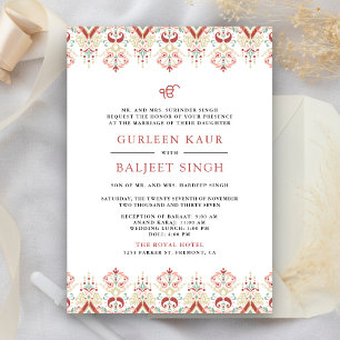 Rotes Weißes Ikat Anand Karaj Sikh-Hochzeit Einladung