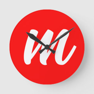 Rotes Weißes Kalligrafie-Monogramm Anfangsbuchstab Runde Wanduhr
