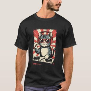 Rotes Weißes Kätzchen DJ auf Plattenspielern EDM S T-Shirt