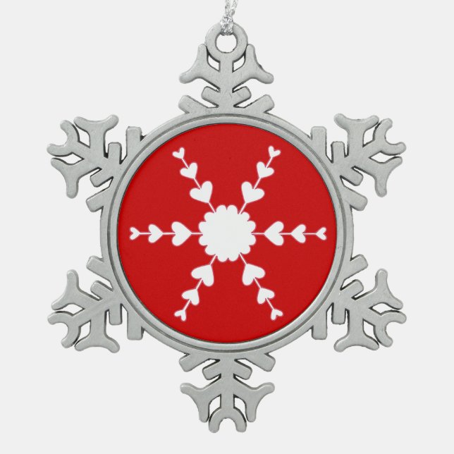 Rotes weißes Schneeflocken Schneeflocken Schneeflocken Zinn-Ornament (Vorderseite)