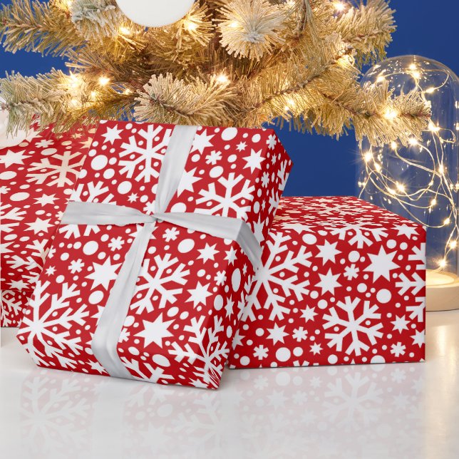 Rotes weißes Schneeflockenmuster Geschenkpapier (Feiertage)