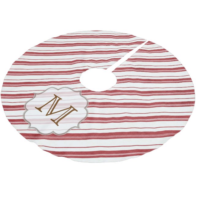 Rotes weißes Stripe Candy Monogram, anfänglicher B Polyester Weihnachtsbaumdecke (Schrägansicht)
