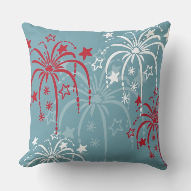 Rotes weißes und blaues Feuerwerk 4. Juli Kissen (Vorderseite)