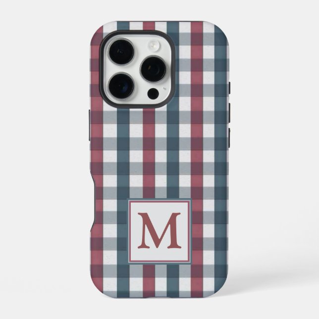 Rotes, weißes und blaues kariertes Monogramm iPhone Hülle (Rückseite)