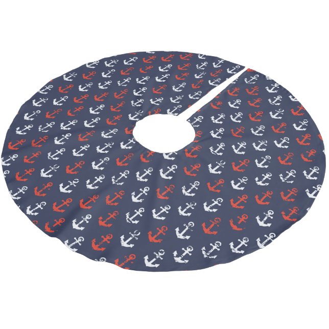 Rotes weißes und blaues Marine-Muster Polyester Weihnachtsbaumdecke (Schrägansicht)