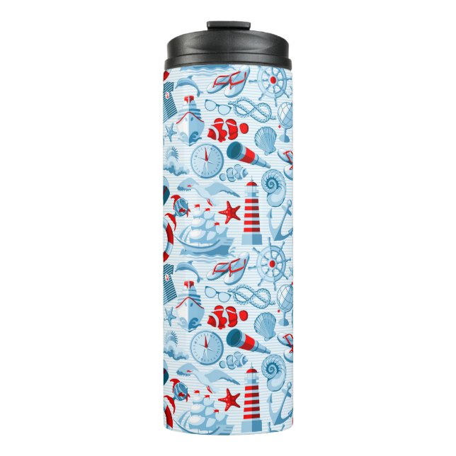 Rotes weißes und blaues nautischmuster thermosbecher (Vorderseite)