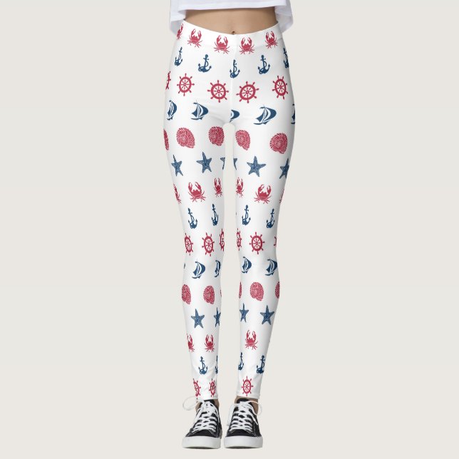 Rotes weißes und blaues Seesymbol-Muster Leggings (Vorderseite)