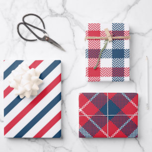 Rotes, weißes und blaues Streifen und Kariertes Um Geschenkpapier Set