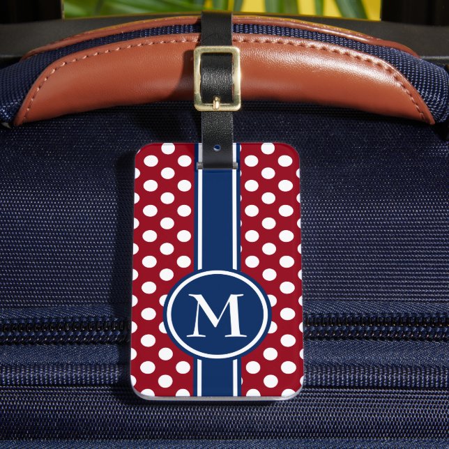 Rotes weißes und blaues Tupfen-Monogramm Gepäckanhänger (Vorderseite Insitu 2)