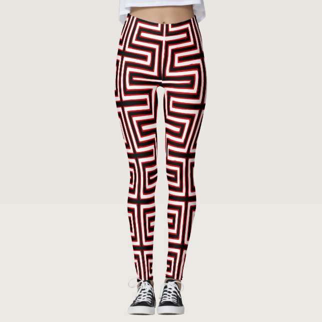 Rotes weißes und schwarzes Maze-afrikanisches Lehm Leggings (Vorderseite)