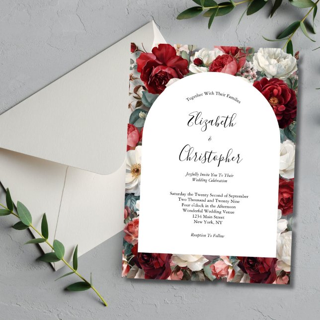 Rotes weißes Wasserfarben Florals Elegante Einladung (Red White Floral Wedding Invitation. Elegant and Modern. Arch Shape)