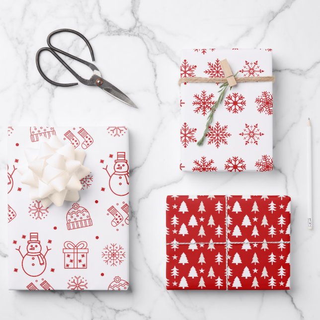 Rotes Weißes Weihnachtswrapping-Papier Geschenkpapier Set (Vorderseite)