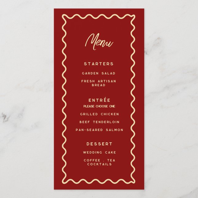 Rotes Whimsical Retro-Elegantes Hochzeitsmenü (Vorderseite)