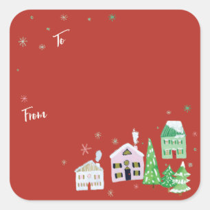 Rotes Winter-Dorf von zur Geschenk-Verpackung Quadratischer Aufkleber