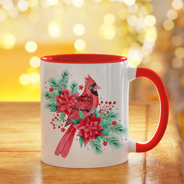 Rotfarbener Weihnachtsbär und Florenz Kardinal Tasse (Watercolor Red Christmas Cardinal Bird and Florals Mug)