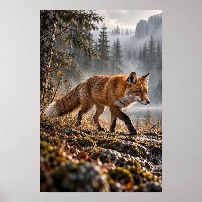 Rotfuchs, der durch einen nebligen Bergwald wander Poster (Vorne)
