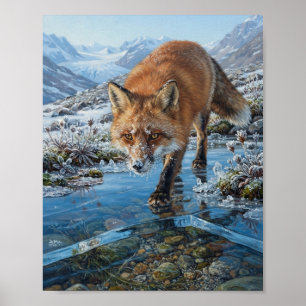 Rotfuchs Gefrorener Bach Alpine Berg Winter Metall Poster