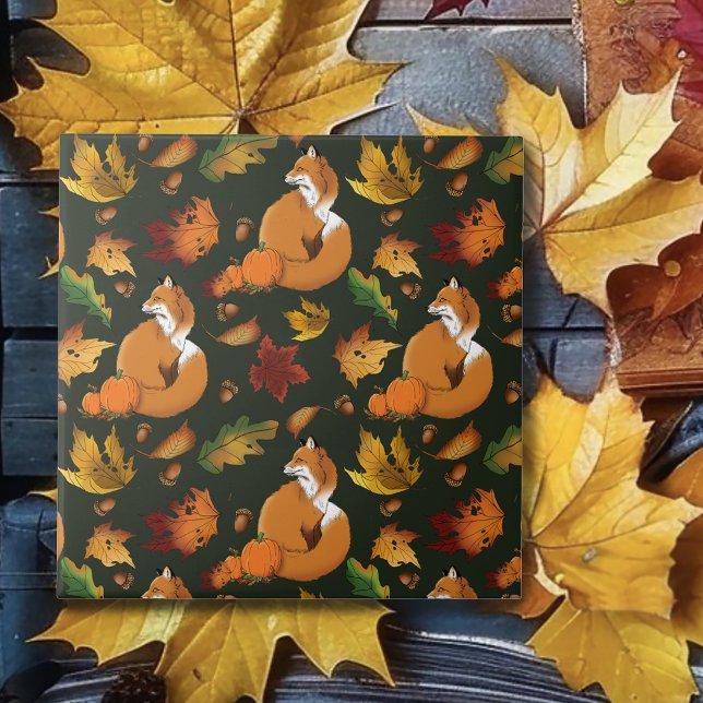 Rotfuchs Herbstlaub Eicheln Grüner Muster Fliese (Von Creator hochgeladen)
