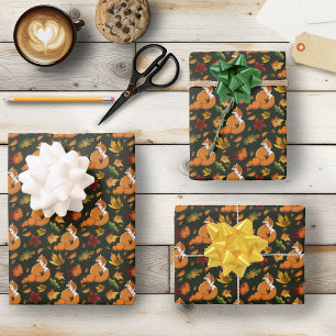 Rotfuchs Herbstlaub Eicheln Grüner Muster Geschenkpapier Set