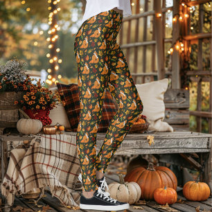 Rotfuchs Herbstlaub Eicheln Grüner Muster Leggings