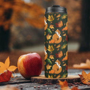 Rotfuchs Herbstlaub Eicheln Grüner Muster Thermosbecher