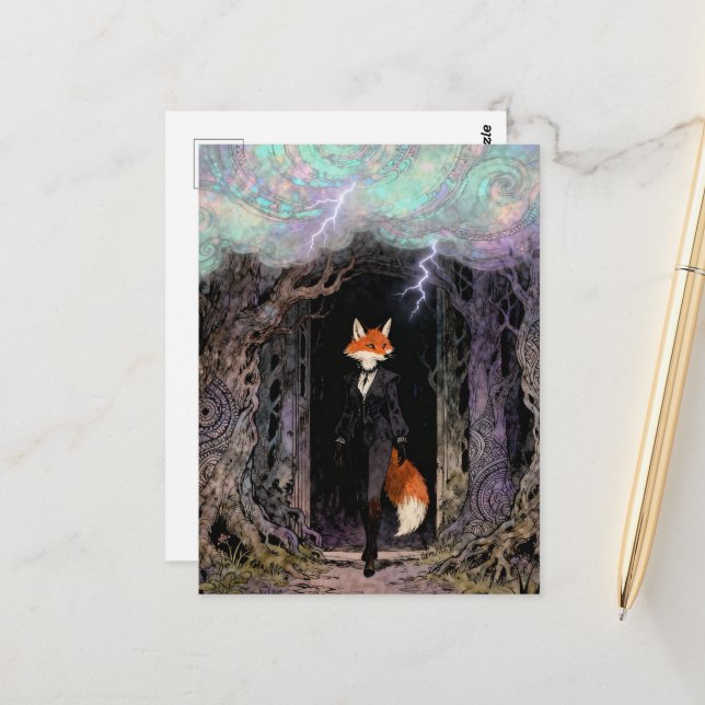 Rotfuchs im Anzug Wald Gewitter Postkarte (Vorderseite/Rückseite Beispiel)