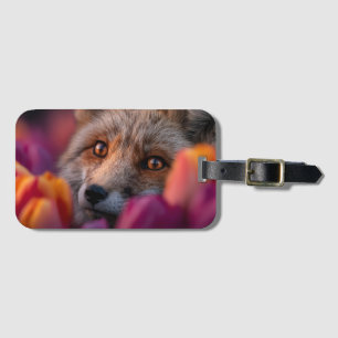 Rotfuchs späht durch rosa und orange Tulpen Gepäckanhänger