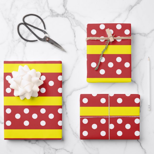 Rotgelbes Polka-Dot-Streifen-Muster Geschenkpapier Set (Vorderseite)