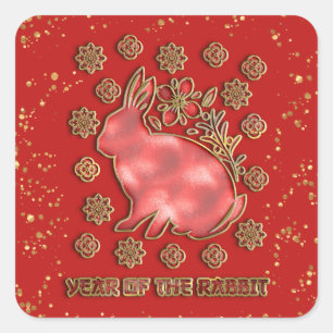 Rotgold 2023 Kaninchen Lunar Chinesisches Neujahr Quadratischer Aufkleber