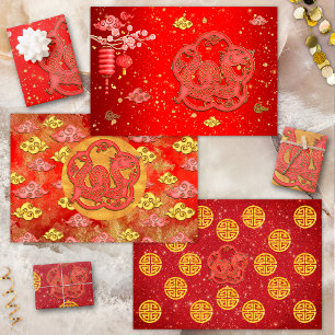 Rotgold Glückswolken Chinesischer Zodiak Drache Geschenkpapier Set