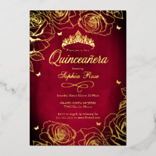 Rotgold-Kronenrosen-Thema Quinceanera Folieneinladung