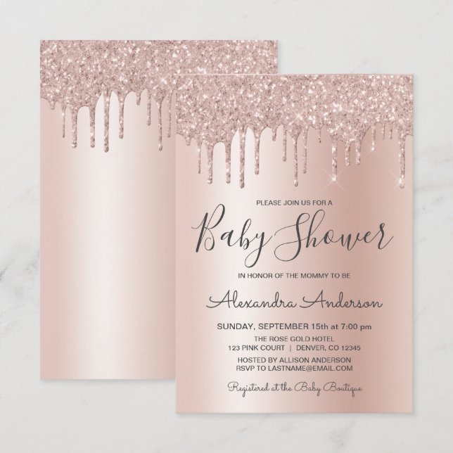 Rotgold | Pink Sparkle Glitzer Foil Babydusche Einladung (Vorne/Hinten)