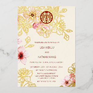 Rotgold  Pinke Kirschblüten Chinesische Hochzeit Folieneinladung